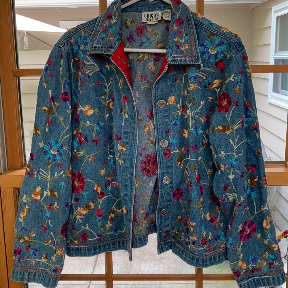 Embroidered denim medium wash jacket